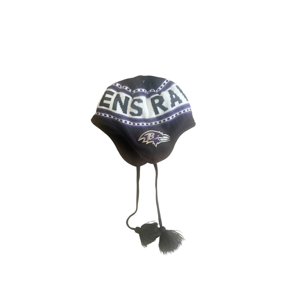 NFL Shop Baltimore Ravens Knit Earflap Hat Beanie Pom Tassels Purple Black OSFM - Picture 6 of 6